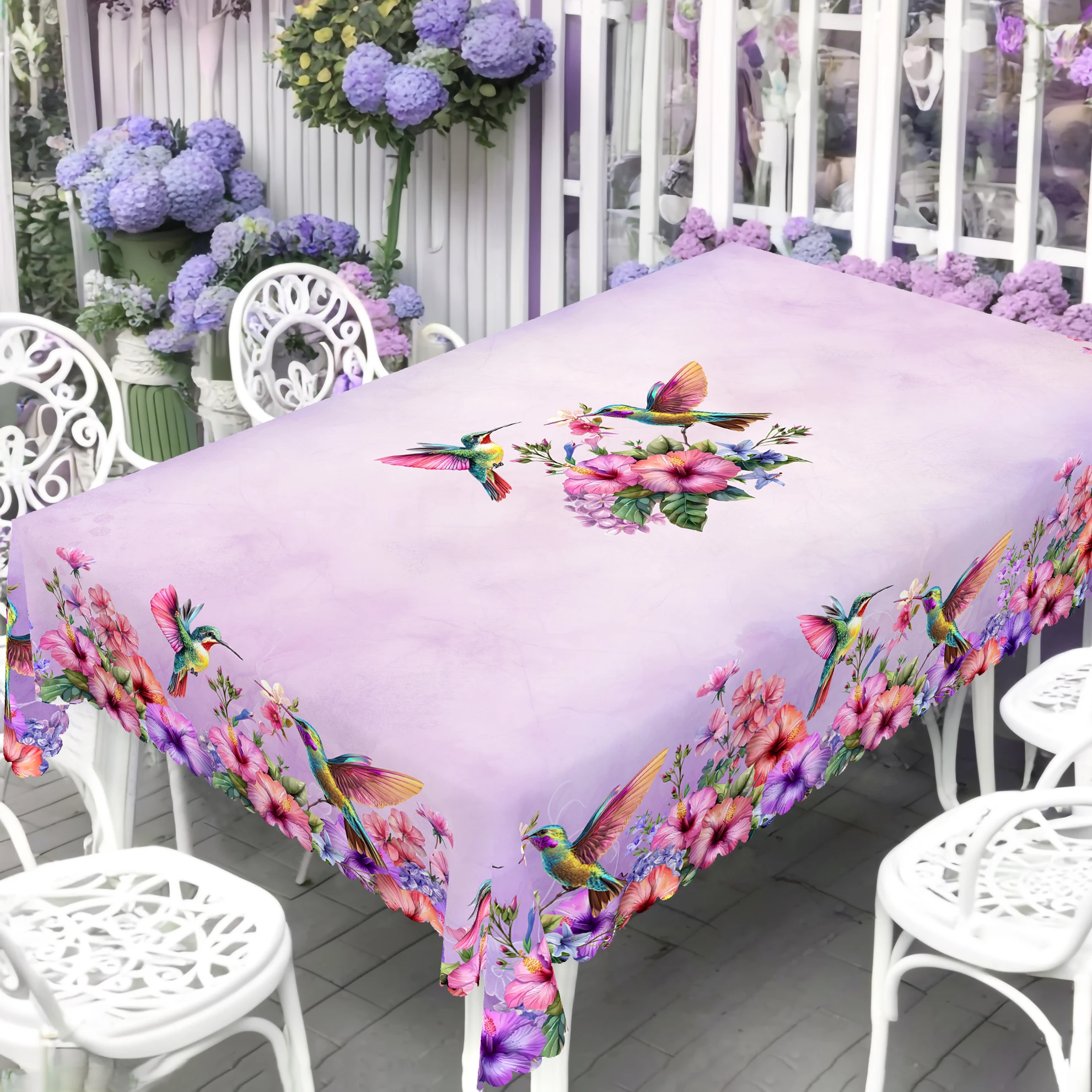1 Piece of Spring Easter Purple Flower and Bird Print Rectangular Tablecloth, Hummingbird, Flower Pattern Round Tablecloth, Holiday Party Tablecloth, Outdoor Decoration, Large Size Tablecloth, Kitchen Accessories, Holiday Gift for Family and Friends