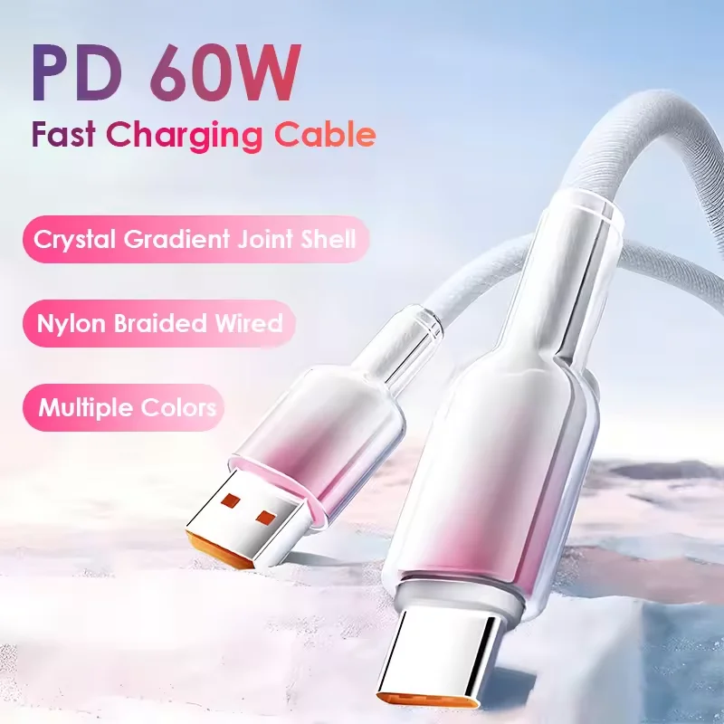 60W PD Type-C to C Fast Charging Data Cord For iPhone Samsung Xiaomi Huawei QC3.0 Type-C Mobile Phone Fast Charging Cable Cord