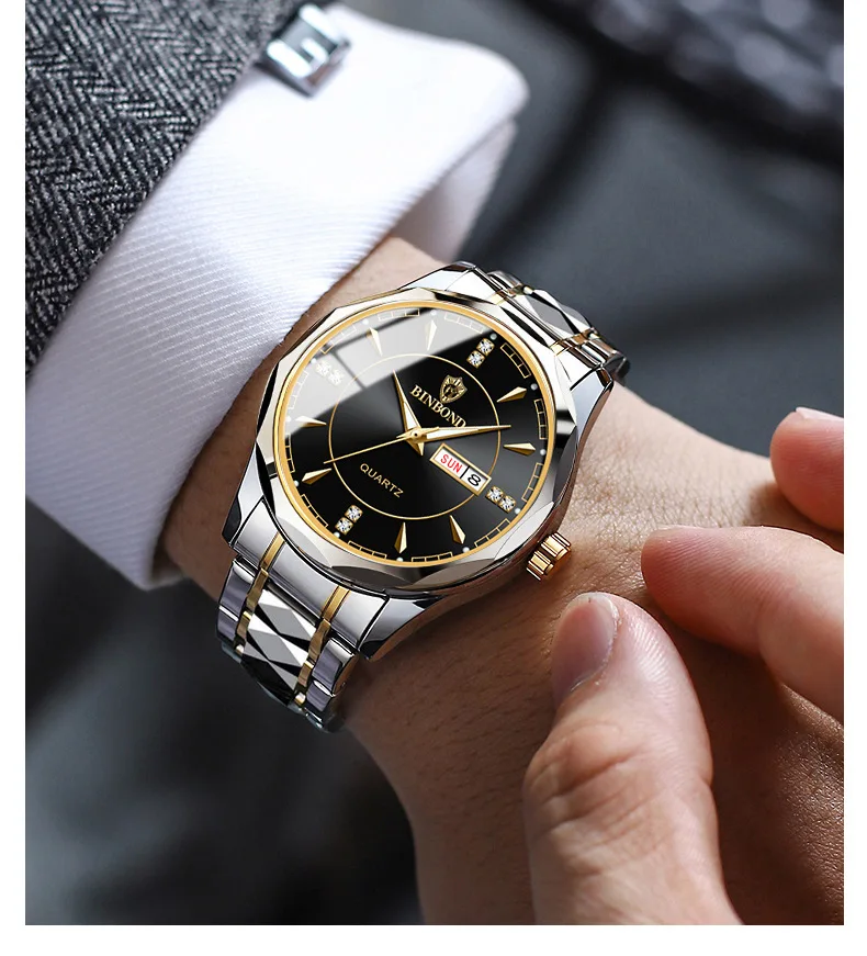 New High-end Trendy Men Watches Business Style round luminous Waterproof Tungsten Steel Calendar Popular Item Quartz Wristwatch