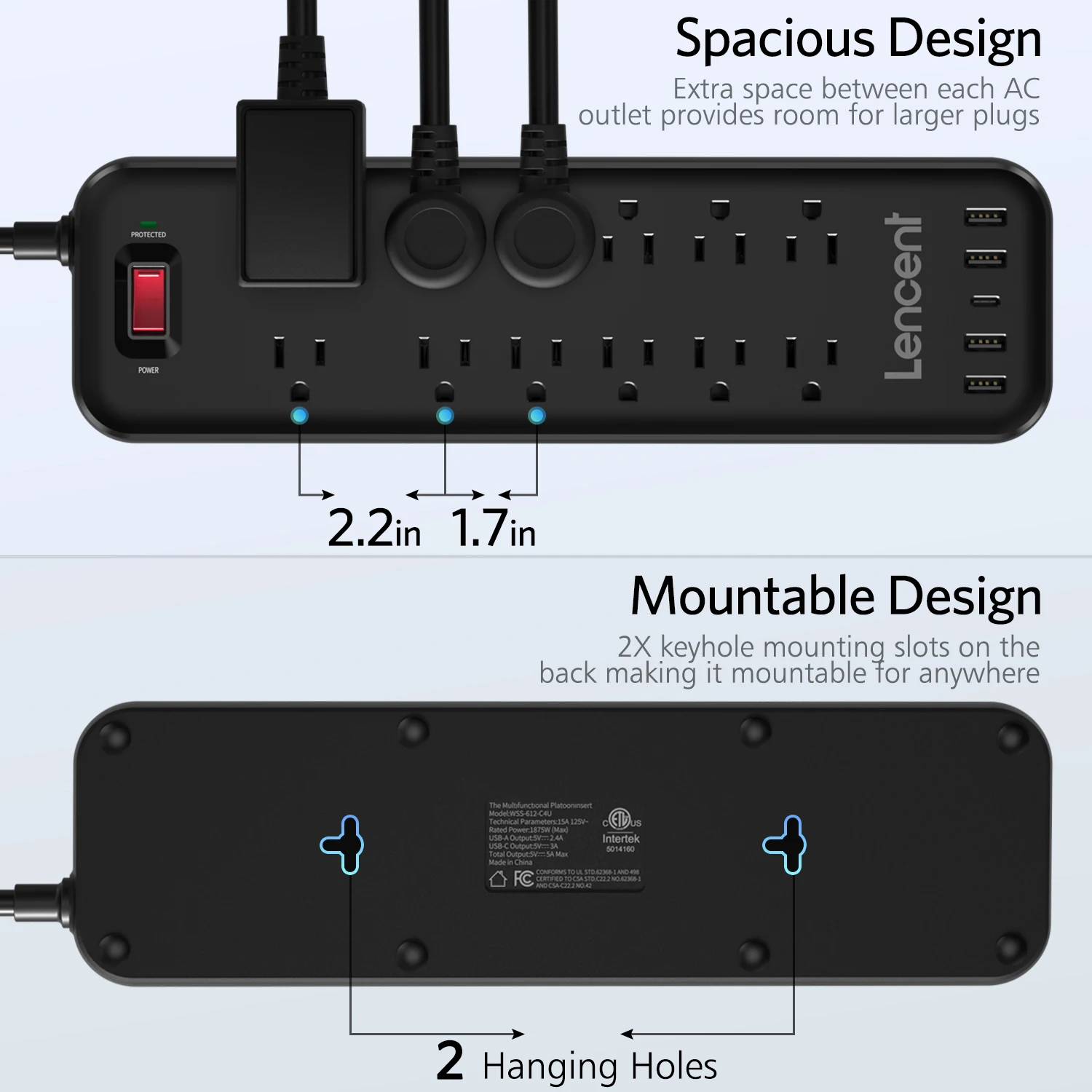 Lencent Power Strip Surge Protector Met 12 Outlets 4 Usb 1 Type C 6Ft Verlengsnoer (1875W/15A,3600J) Meerdere Socket Voor Thuis