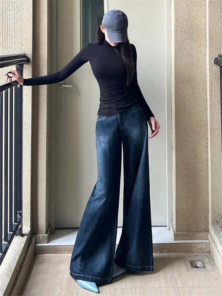 

American Retro Deep Sea Blue Wide Leg Jeans Women's Spring Autumn High Waist Slim Tall Extended Floor Length Straight Leg Pants