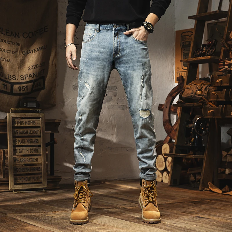 

2024 Spring and Autumn distressed jeans men's trendy straight leg loose fitting casual Korean high street stretch pants