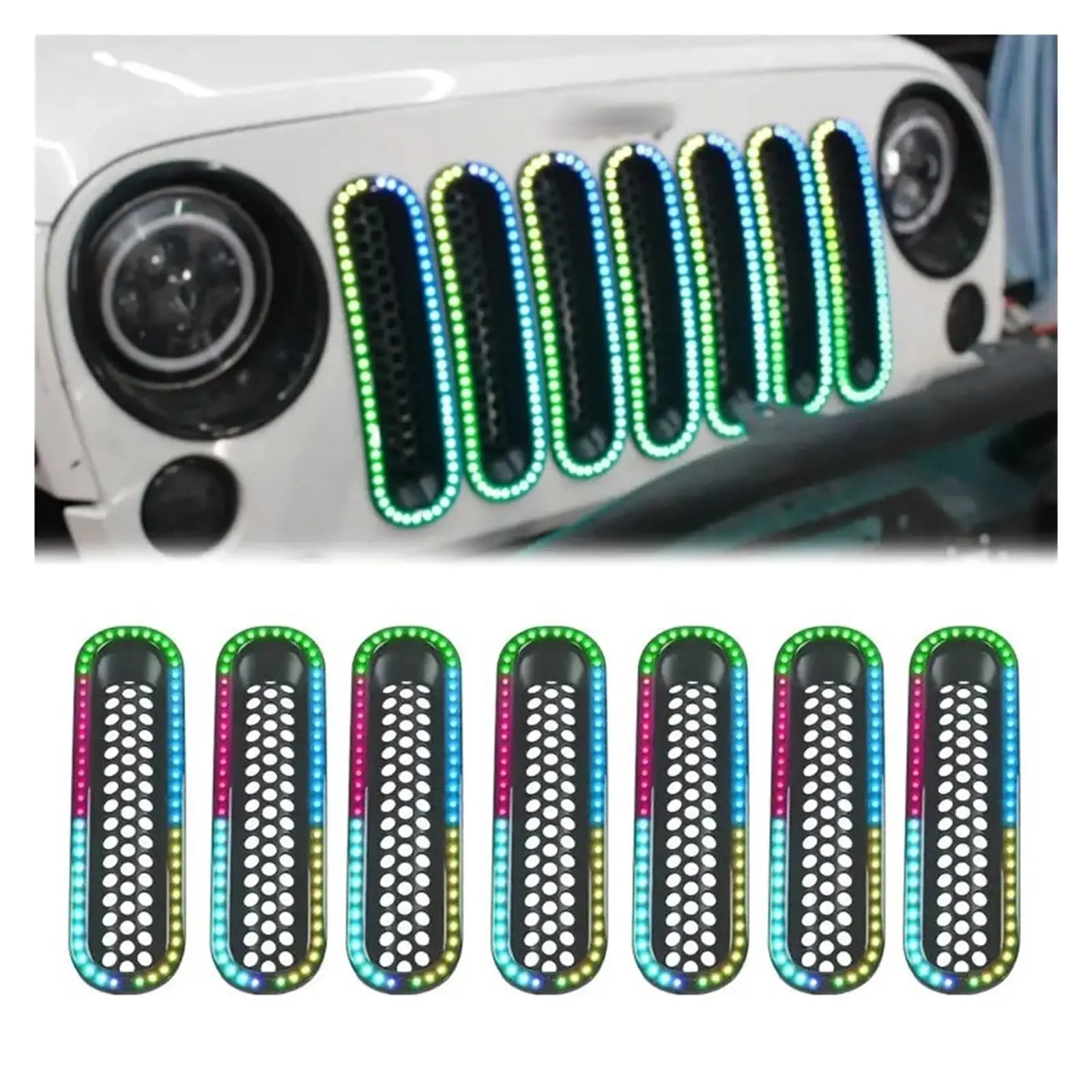 

Compatible for Jeep Wrangler JK 2007-2018 Front Grille Cover with LED RGB Lights Front Grill Mesh Cover Guard Grille Kit ABS