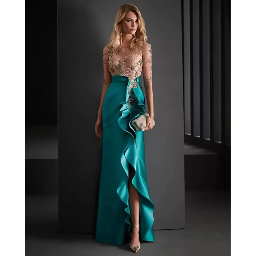 Ruffle Slit Long Mother Of The Bride Dresses Half Sleeves Lace Applique Beaded Teal Satin Guest Wedding Party Gowns Godmother Gr