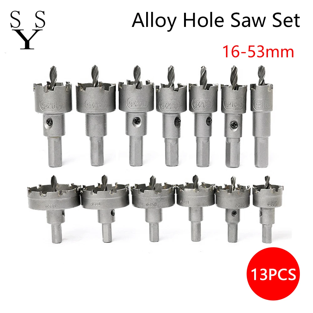 13Pcs16-53mm Alloy Hole Saw Set Carbide Tip TCT Metal Cutter Core Drill Bit Kits for Stainless Steel Metal Drilling Crown