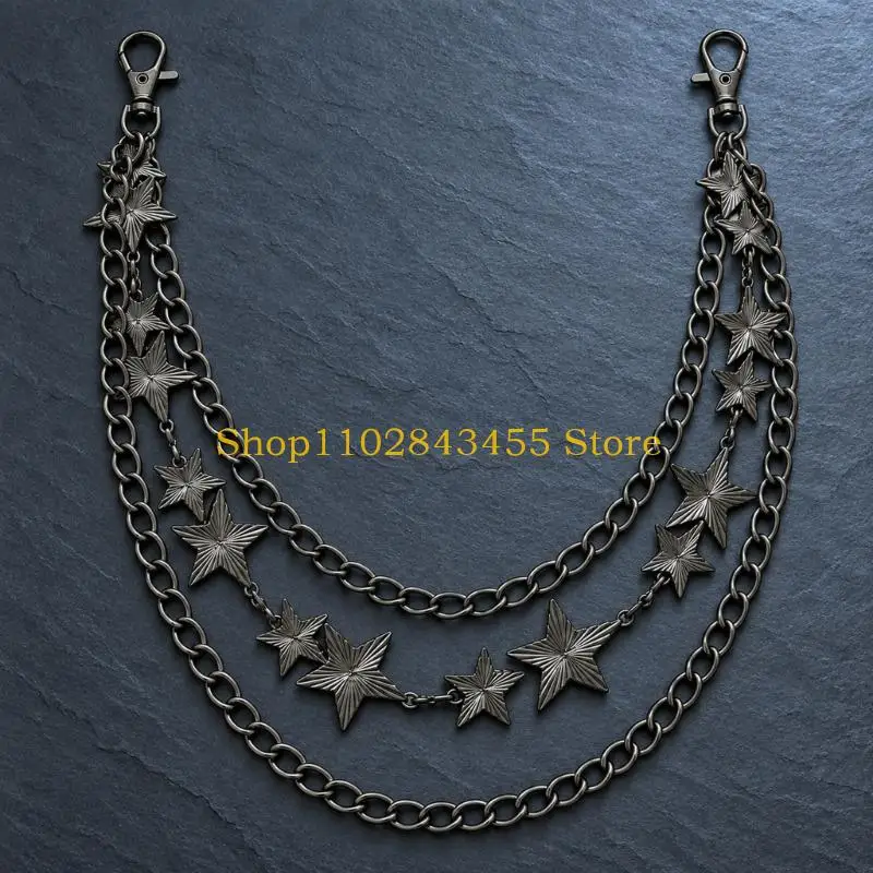 49MC Metal Trouser Chain with Multi-Layer Star Accents and Clasp Fasteners for Decorative Clothing or Bag Hardware Styling