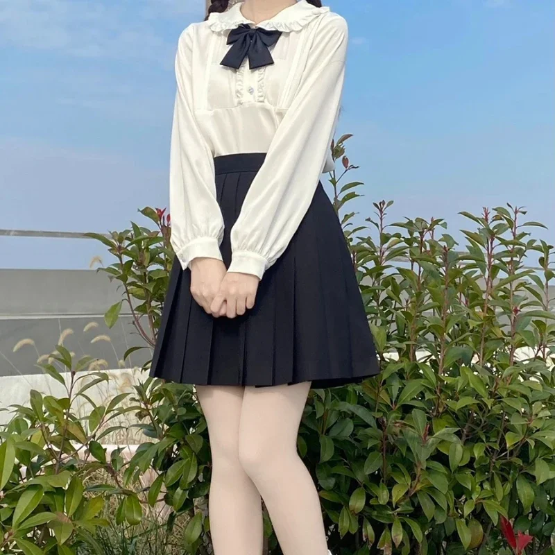 Uniforme japonais JK style décontracté, chemise d'été à manches longues, col en cuir chevelu, haut blanc, jupe plissée à carreaux rose imbibée pour filles