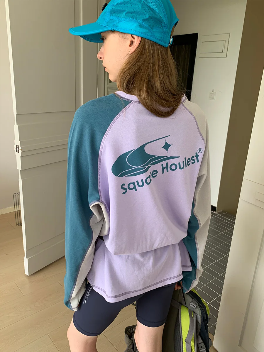 Outdoor Women's Loose Fit Long Sleeve T-Shirt Breathable UV Protection Color Block Print Casual Style Cycling Top for Ladies