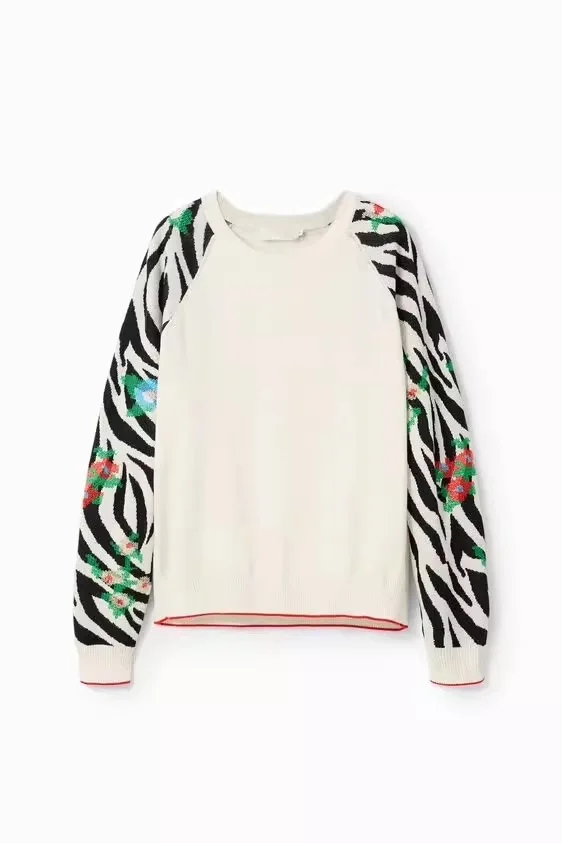 

Foreign trade Spain D contrasting zebra print raglan sleeve round neck embroidered printed sweater for warmth, new style