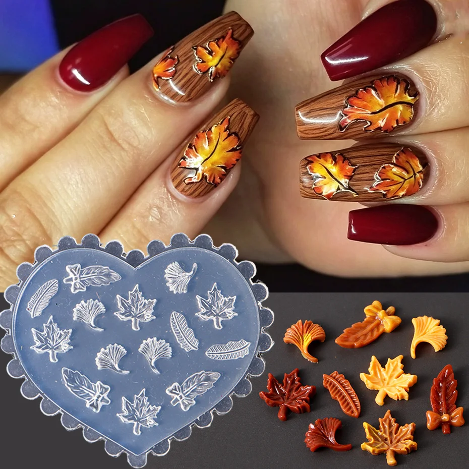 Fall Leaf 3D Nail Silicone Nail Carving Mold Maple Ginkgo Autumn Nail Decoration Nail Print Stencils DIY Manicure Mold Tools