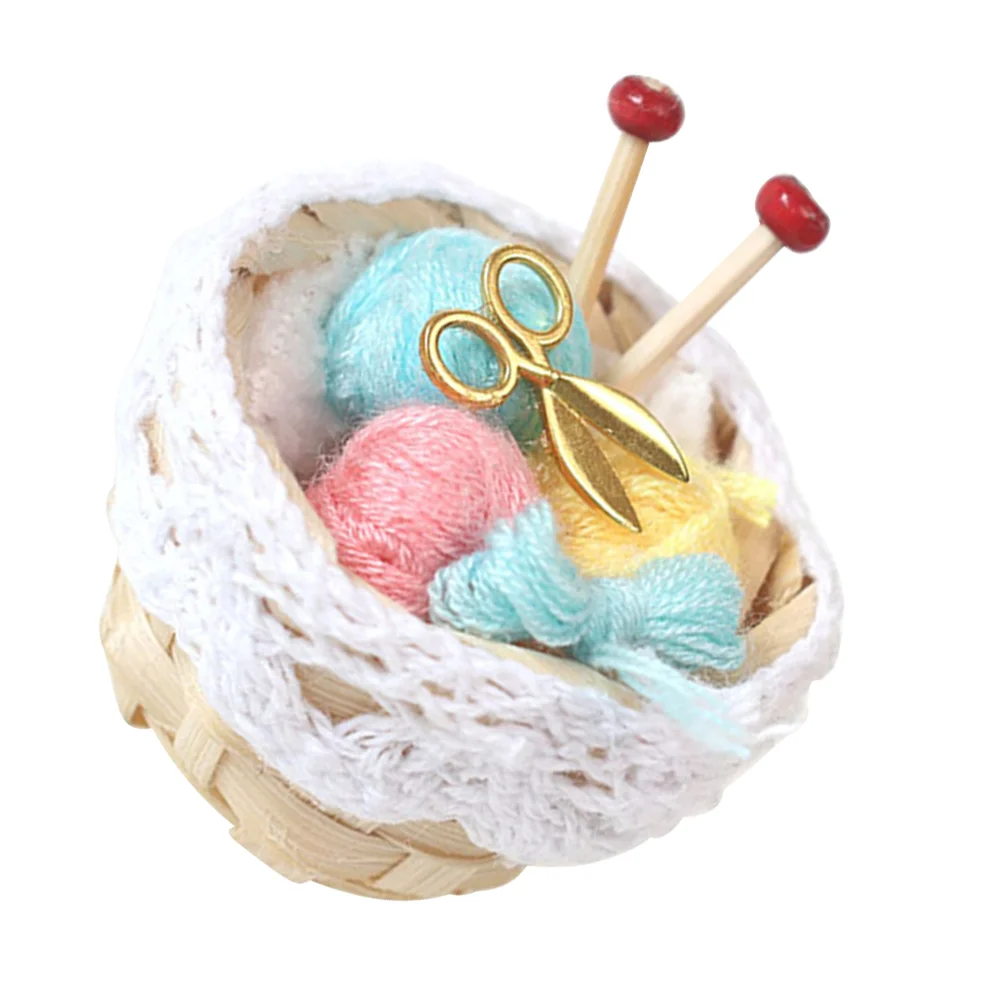 

Dollhouse Knitted Basket Mini Props Miniature Model Woolen Yearn Knitting Toy Ornaments Kit Yarn Tiny Toys