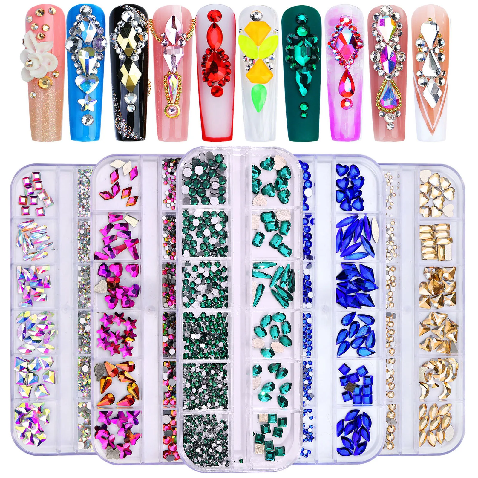 

12 Grids/Box Multi-Size Nail Art Rhinestone Decorations Crystal AB Diamond Gems 3D Nails Glitter Glass Non Hotfix Strass Jewelry