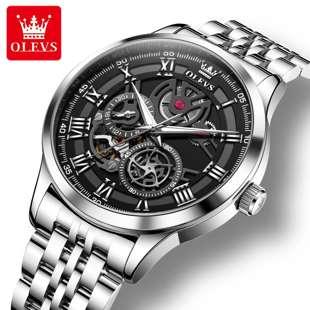 

OLEVS 7076 Men Skeletion Mechanical Watch Luminous Waterproof Stainless Steel Strap For Male Fashion Luxury Wistwatch