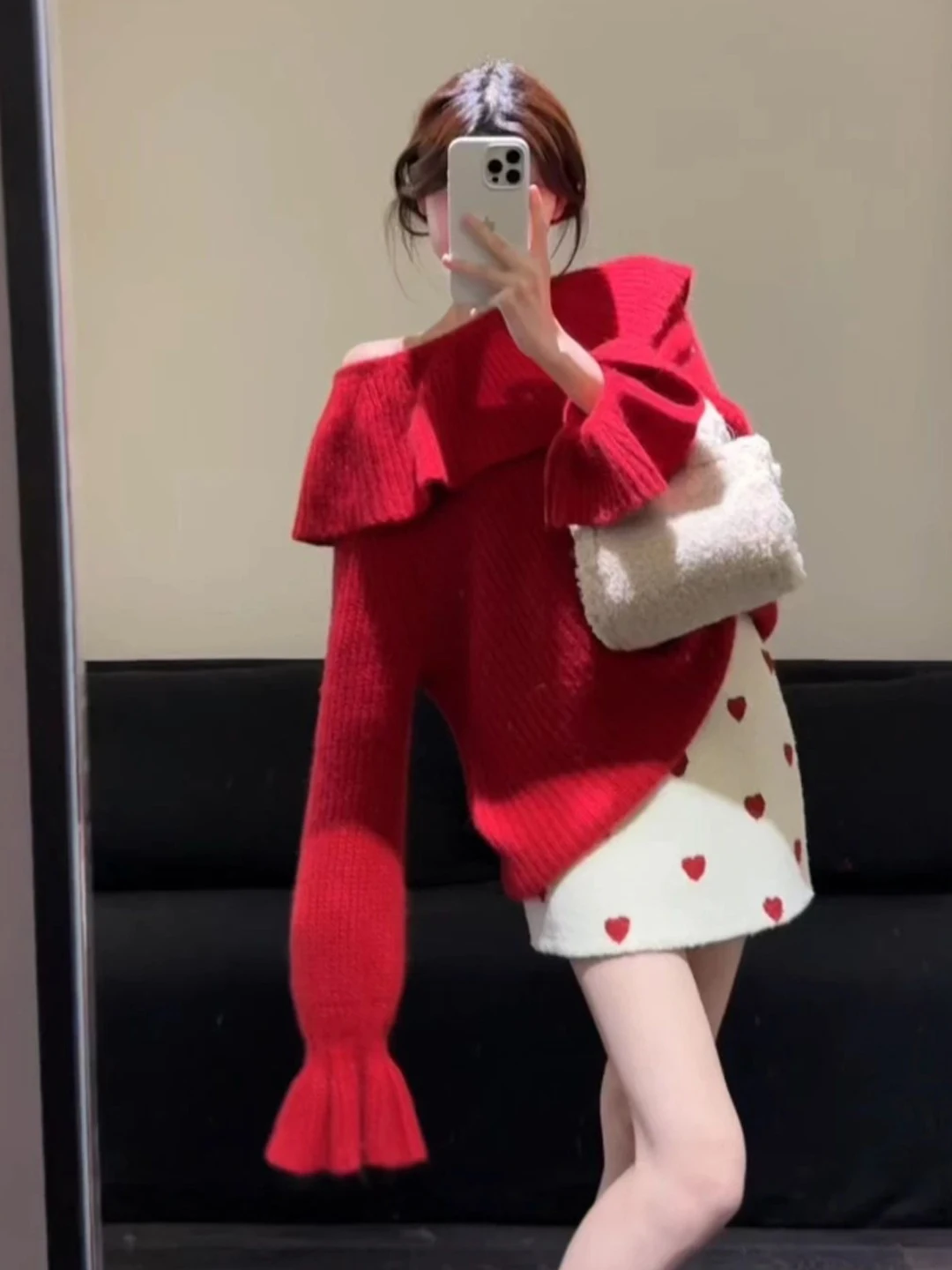 

Красный уникальный свободный свитер Bell Sve на одно плечо, модный слиповый топ для зимы, повседневный домашний вязаный длинный топ для свиданий...