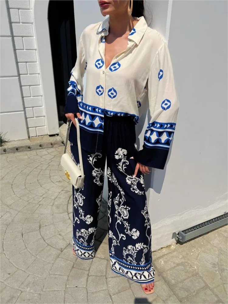 2024 Spring Print Long Pants Sets Women Fashion Casual Loose Long Sleeve Shirts Wide Leg Trousers Two Piece Set Female Clothing