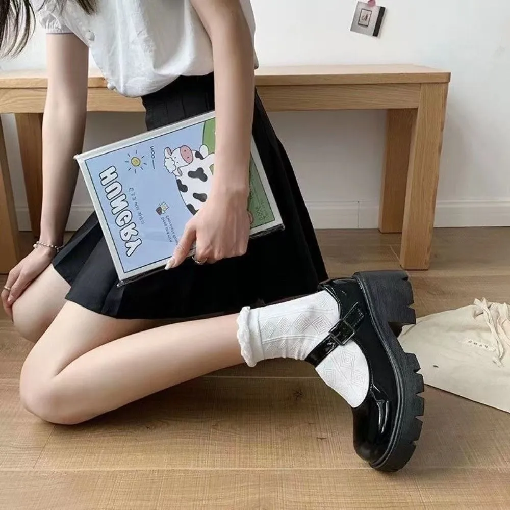 Mary Janes Lolita JK Leather Shoes PU Leather Ankle Buckle Casual Single Shoes Lolita Platform Black High Heels Shoes Lady