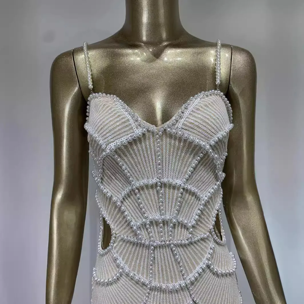 Witte Parel Pailletten Dr Faionable Uitgesneden Par-jurk Nieuwe collectie Dames Dr Gentle Sle Losse taille Polyester Lange ski...