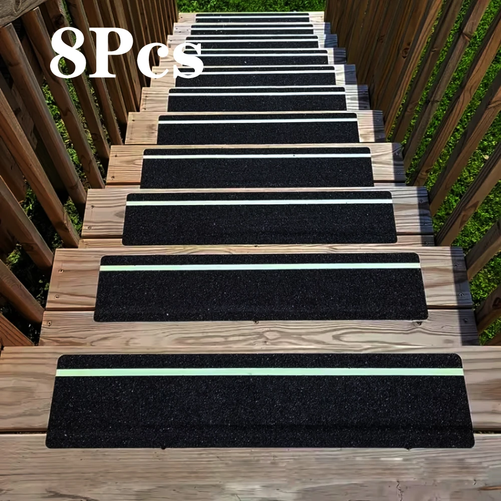8Pcs Anti Slip Tape with Glow in the Dark, 6inch x 24inch Non Slipe Self-Adhesive Safety Step Pads for Indoor Outdoor Stairs