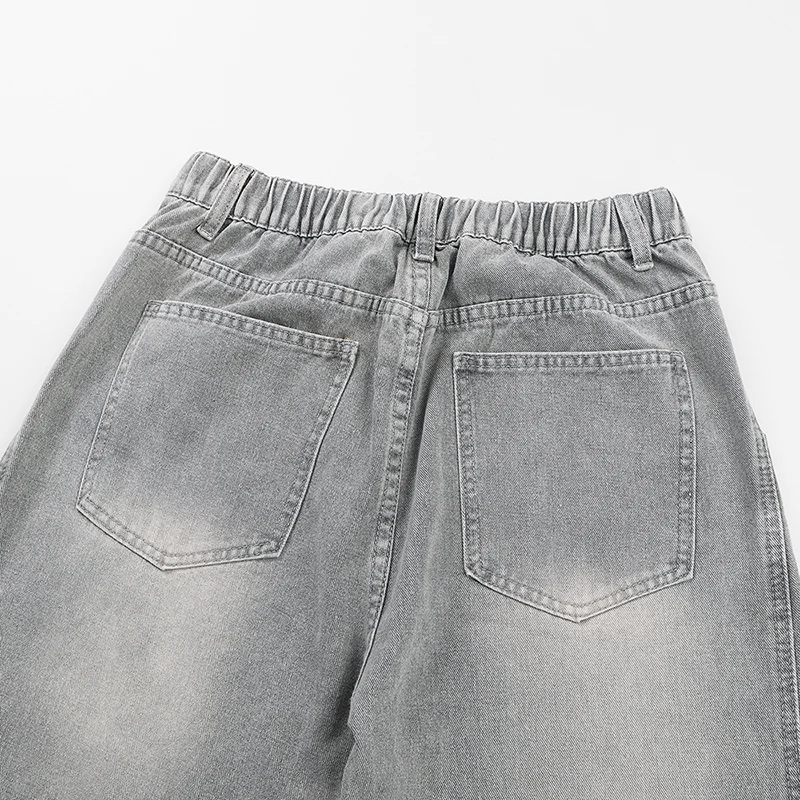 American High Street Curved Wide Leg Jeans For Men Vintage Grey Draped Loose Hip Hop Designer Bottoms