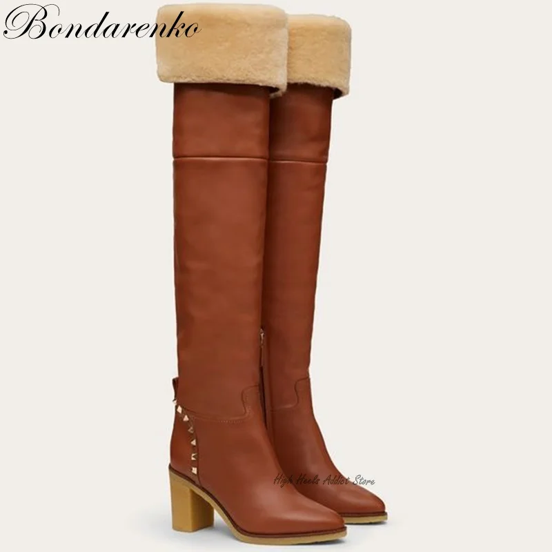 Brown Furry Chunky Heel Over Knee Boots Women Pointy Toe Leather Winter Wram Snow Boot Luxury Designer Everyday Dress Shoes