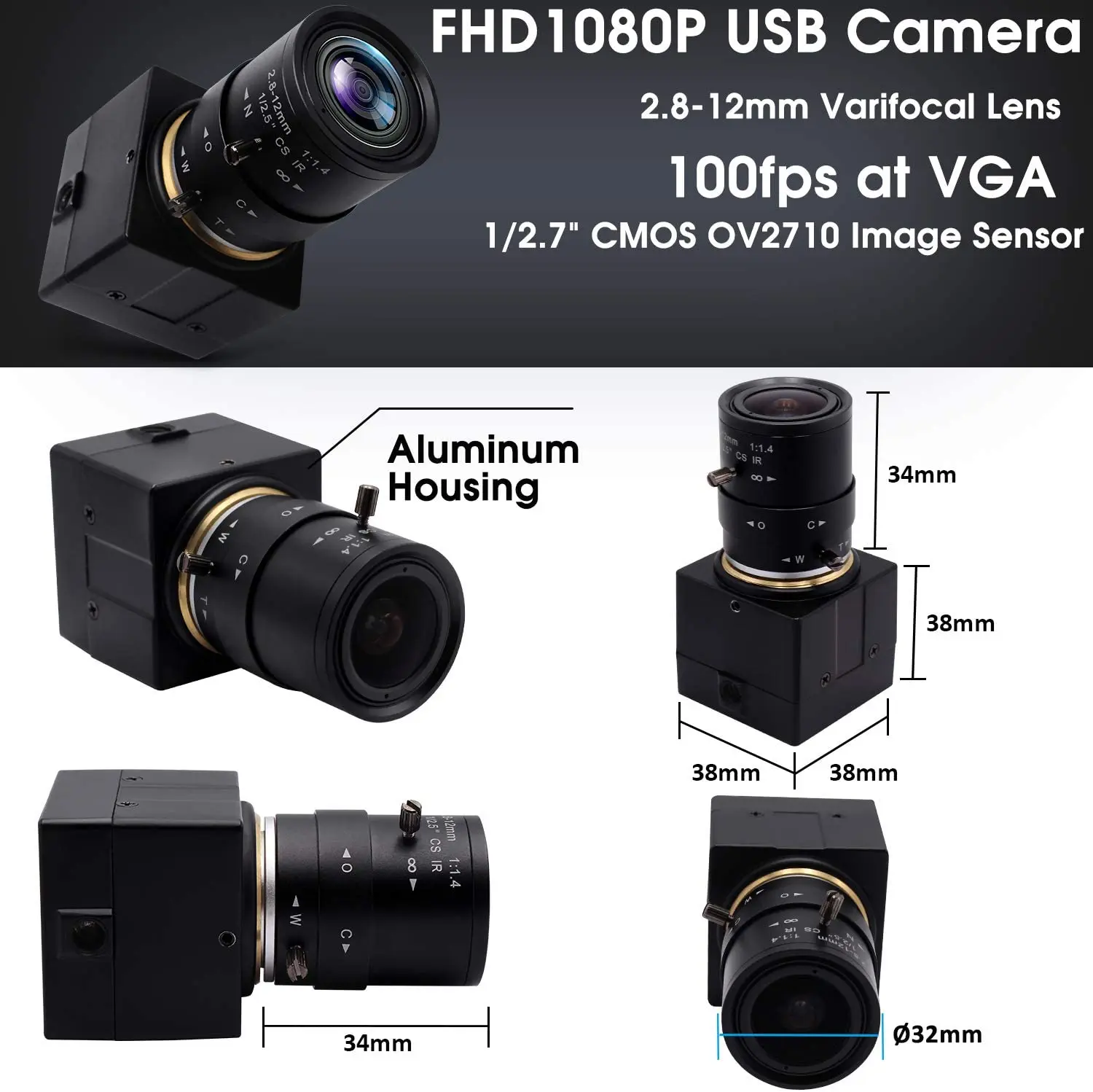 1080P OV2710 Manual Focus 5X Optical Zoom USB Camera 120FPS High Speed With  2.8-12MM Lens for Industrial Inspection