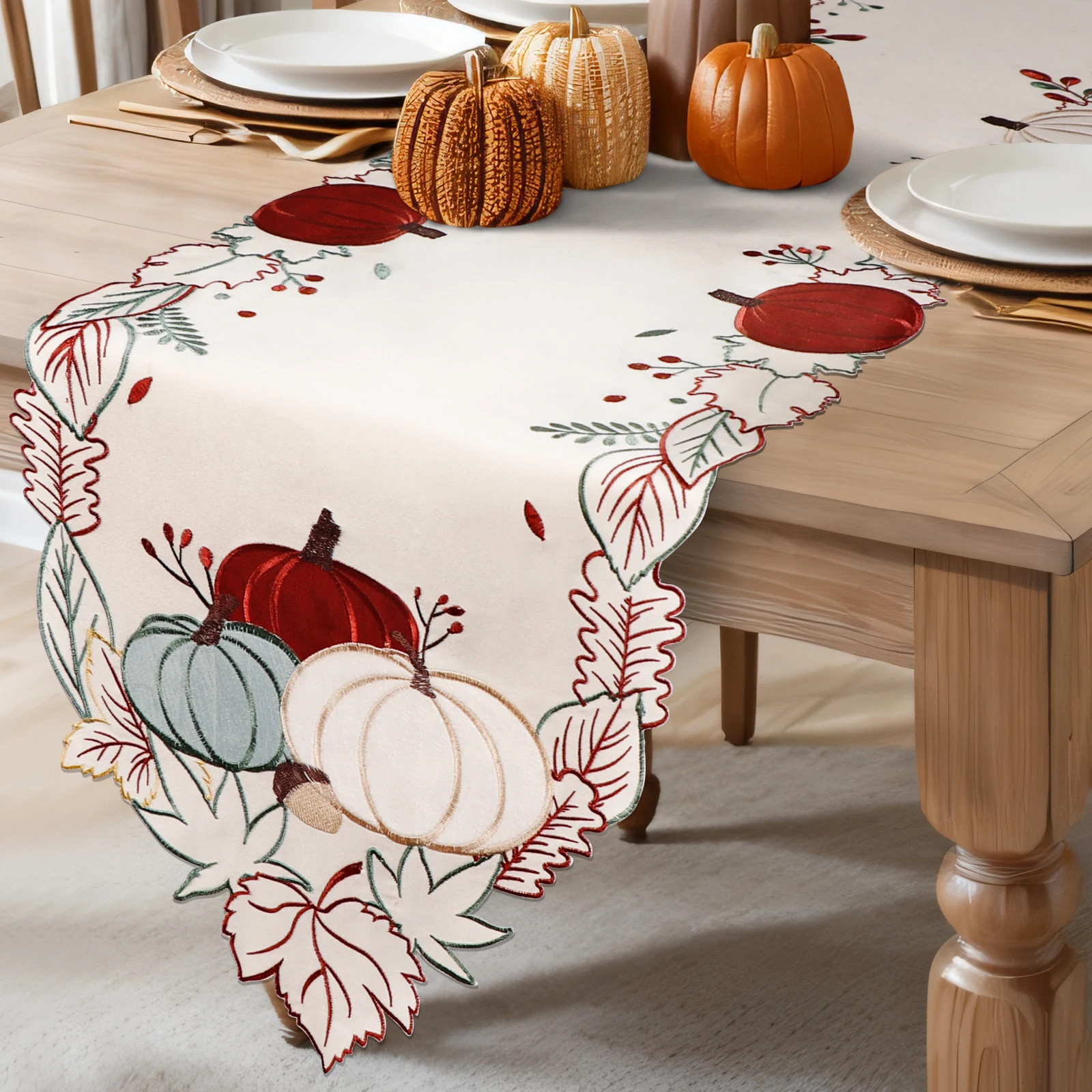 1pc Autumn Table Runner, Embroidered Pumpkin Fall Table Decor for Thanksgiving, Farmhouse Dining Room Centerpiece
