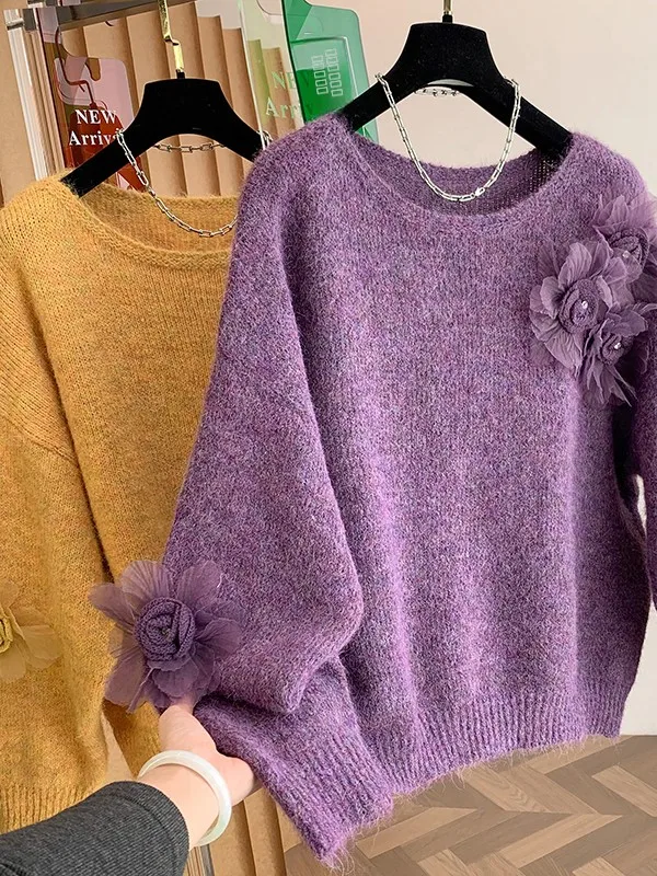 المرأة طويلة Sve محبوك سترة ثلاثية الأبعاد زهرة التطريز فضفاضة تناسب العلوي Sle الخريف الشتاء Faion بلوزة صوفية غير رسمية