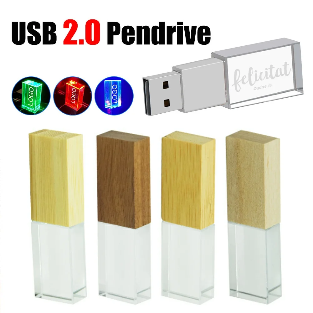 

Free Customer Logo USB Flash Drives 128GB Wooden with Box USB 2.0 Memory Stick 64GB Wood Crystal Pendrive 32GB Pen Drive 16GB