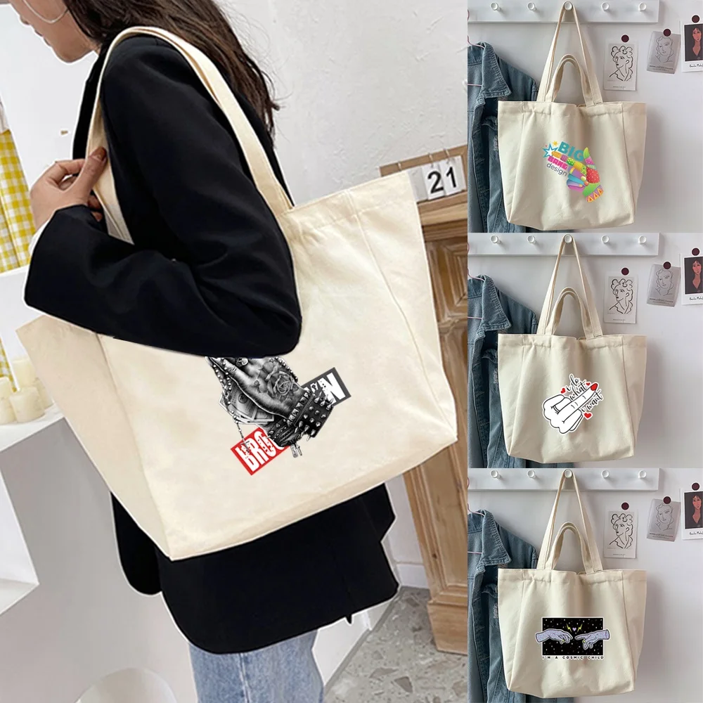 Women Canvas Shoulder Bag Hand Print Eco-Friendly Casual Handbag Tote Bag Reusable Large Capacity Shopping Beach Bag