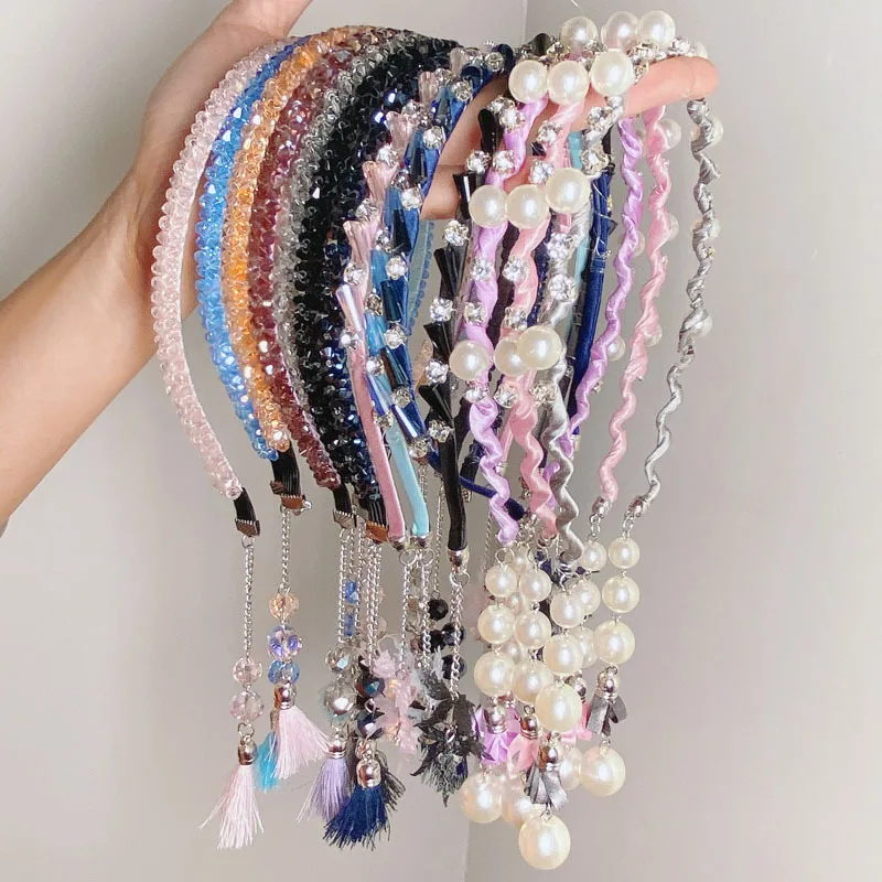 Fashion Earring Issuing Tassel Pearl Headbands Anti-Slip Dangler Teeth Rhinestone Hairbands Hair Bands Hoops Hair Accessories