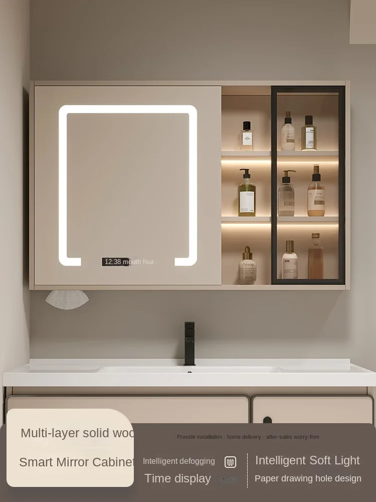 The bathroom smart mirror cabinet is a separate wall-mounted solid wood mirror storage time locker with light defogging beauty.