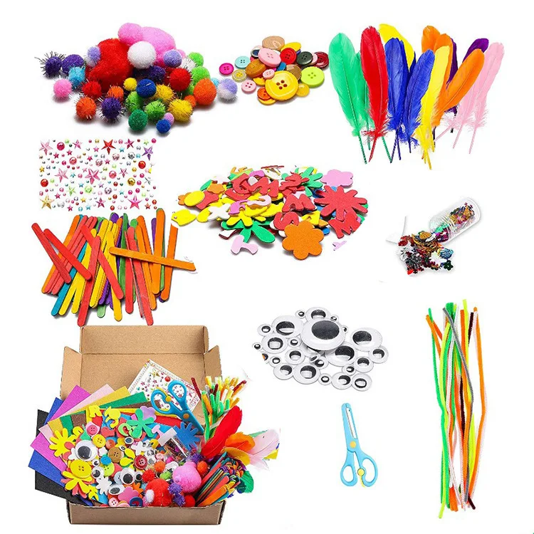 Colorful Craft Supplies Set DIY Handmade Set Party Handicraft Chenille Stems Felt Feathers Pom-poms Multiple Materials