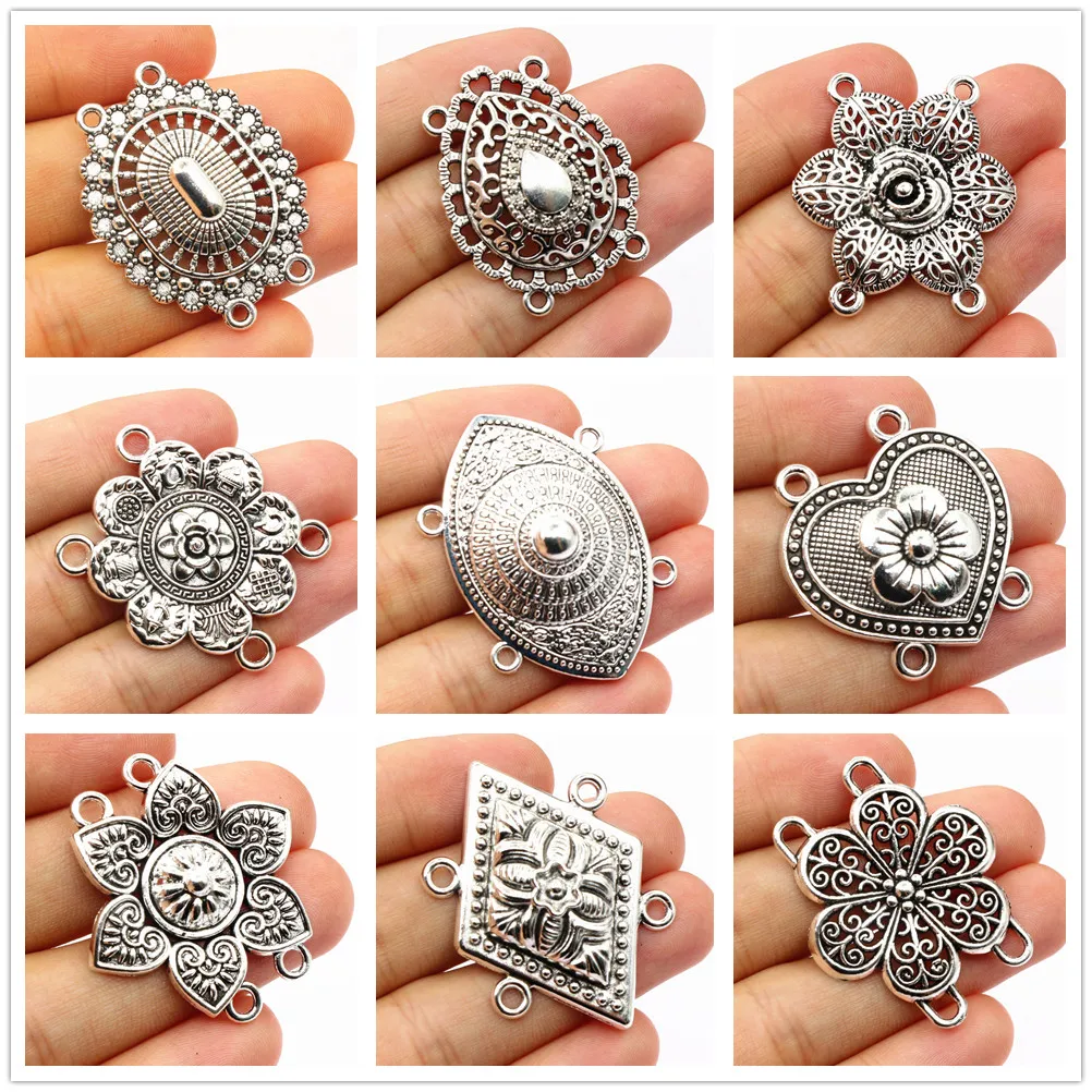 10pcs Antique Silver Plated Bohemian Vintage Flower Connector Charm Pendant DIY Necklace Bracelet Jewelry Making Accessories