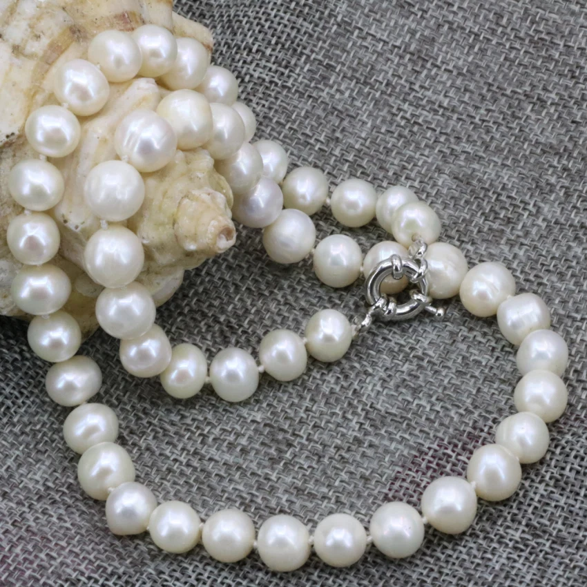 New natural white freshwater cultured pearl 9-10mm nearround beads necklace chain for women elegant choker jewelry 18inch B3236