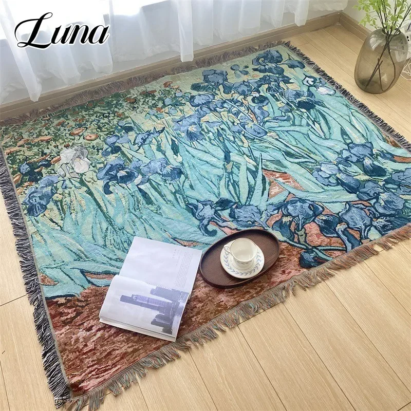 

Vintage Iris Flower Throw Blanket Oil Painting Style Thin Blankets for Bed Single Seat Weave Sofa Towel Home Decorative Tapestry