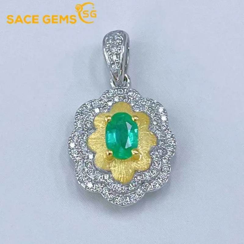 SACEGEMS Certified 925 Sterling Silver Raw 4*6MM Natual Emerald Pendant Necklace for Women Engagement Cocktail Party Fine Jewelr