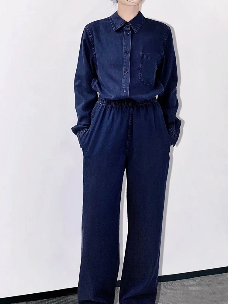 Luxury blue jeans single-breasted long sleeve 2024 autumn new women's two-piece suit+high waist straight trousers fashion suit.