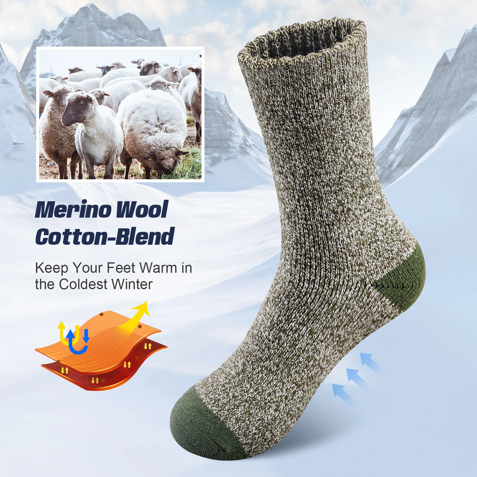 5 Pairs Merino Wool Socks for Men Thick Thermal Socks Warm Winter Outdoor Sports Boot Socks Breathable Hiking Socks for Cold