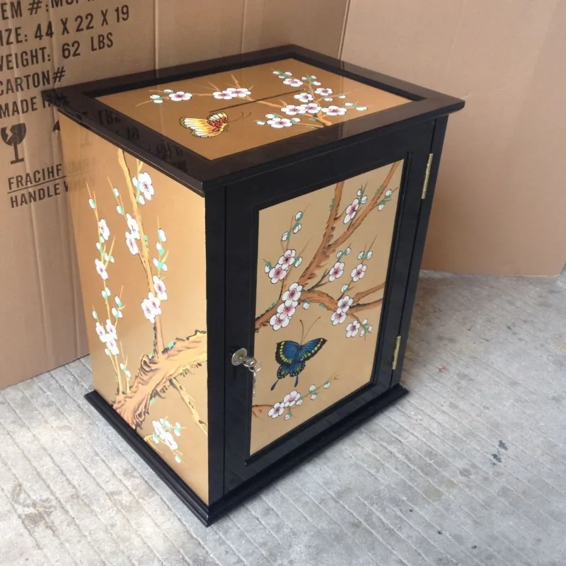 Mei Donation with Lock Box, Money Box, Gold Foil Painted Furniture Exported to Korean Temples Special Butterfly Plum Blossom Cab