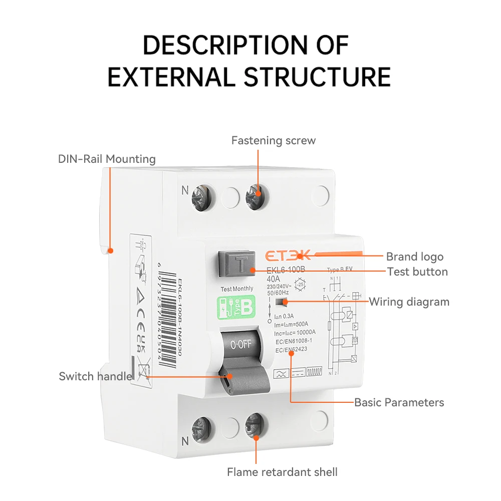 Imagem -02 - Etek-interruptor Atual do Vazamento da Terra tipo b Rcd Rccb Trilho do Ruído Pólo Pólo 40a 63a 100a 30ma 300ma Rcd Ekl6