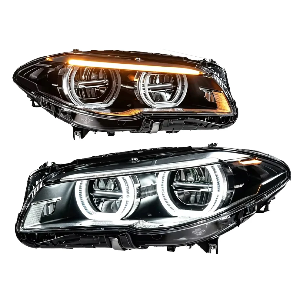 Podwójne reflektory LED Angel Eye z projektorem do BMW serii 5 F10 F18 2011-2017, czarna obudowa, LED DRL, sekwencyjne dynamiczne kierunkowskazy, Plug and Play, Canbus, wodoodporne, nieżółknące, — 2