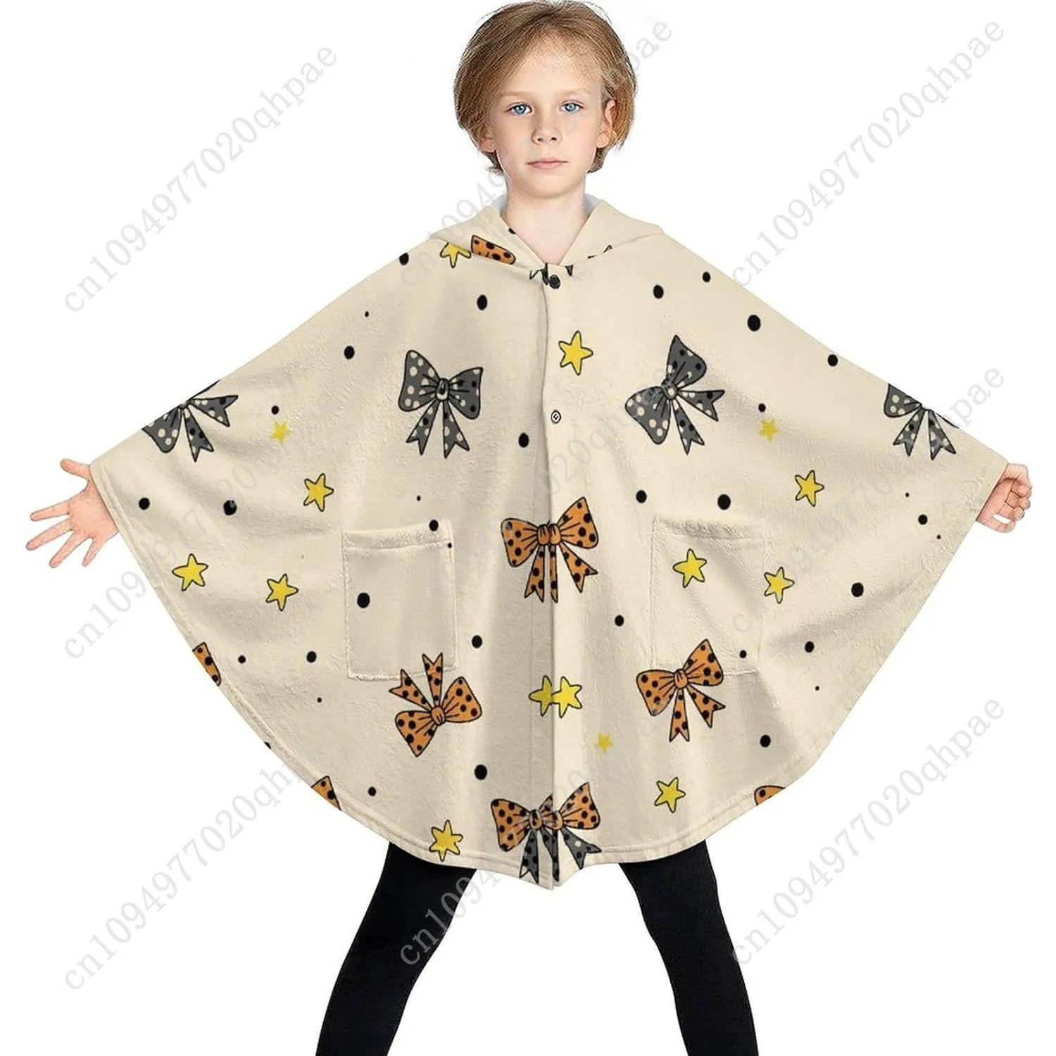 سترة بطانية مريحة من الفلانيل، ربطات عنق على شكل نجوم ونقاط كبيرة الحجم مع جيوب للأطفال والمراهقين #3
