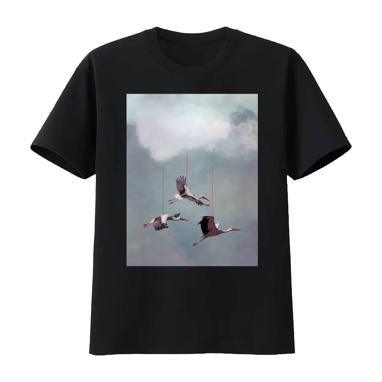 Suspend Belief' - White Storks hanging from Clouds T-Shirt Summer Casual Cotton Tee Oversized Streetwear Tops 100% Cotton