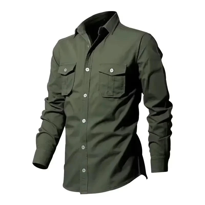 Men's Casual Loose Long Sleeve Shirt Solid Color Tactical Freight T-Shirt with Chest Pockets Trendy 2026 Style