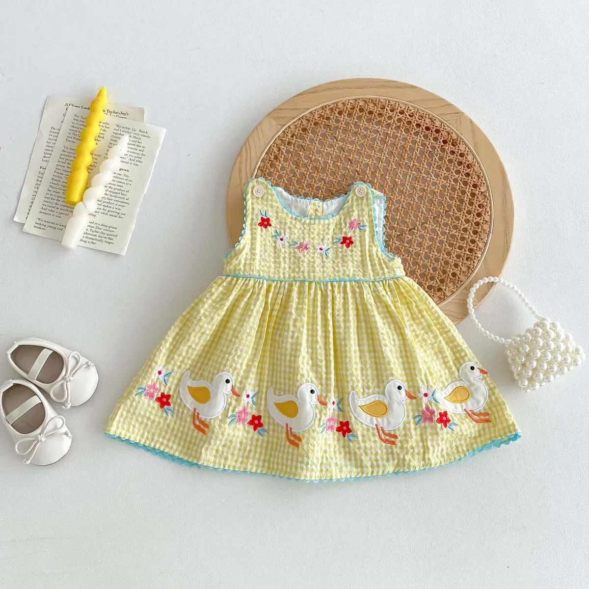 Children's Clothing, Girls' Summer Dress, Cute Cartoon Duck Vest Skirt, Baby's Western-style Embroidered Princess Plaid Skirt