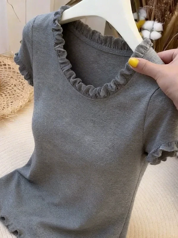 Unique Design Flounce Casual Short Sleeve Top Women's Summer T-Shirt Commute Style round Neck Korean Version Floral Pattern