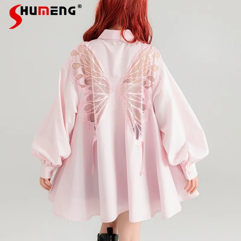 

Cherry Pink Embroidered Butterfly Backless Shirt 2024 Autumn Special-Interest Design Sweet Loose-Fitting Doll Collar Blouse Top