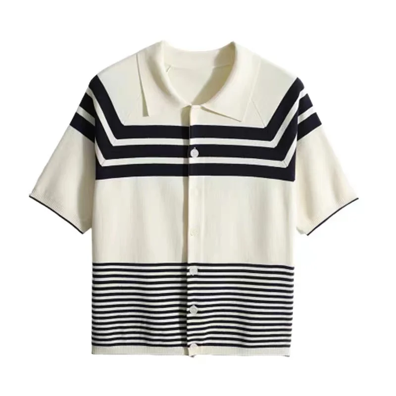 ice silk short sleeve POLO collar stripe cotton thread loose knit cardigan T shirt women\'s summer dress versatile slim top