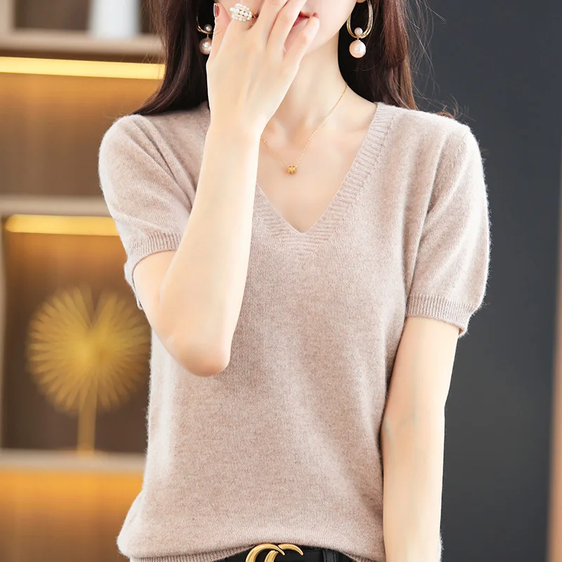 

Women's Sweater Knitwear Short Sleeve Wool Solid Color V Neck Pullover Half Sleeve Summer Loose Bottoming Shirt Heart Collar Top