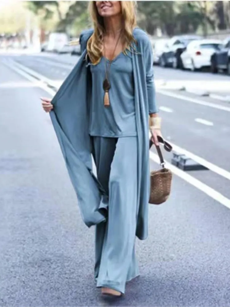 Spring Autumn Women New Casual Loose 3 Piece Set Fashion V-neck Halters + Straight Pants + Long Cardigan Female Solid Color Suit